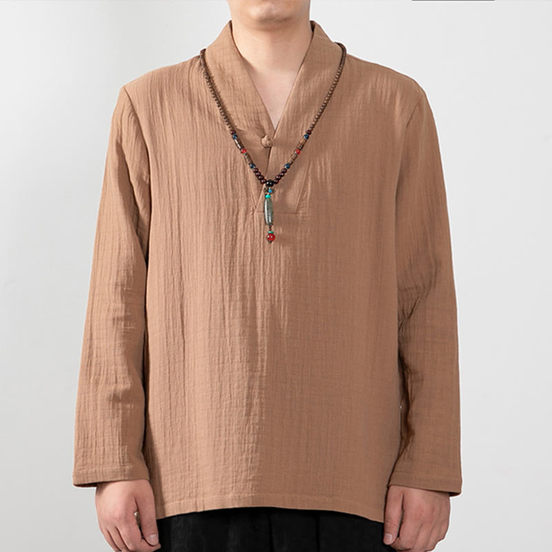 Buddha Stones Fall Simple V-Neck Long Sleeve T-Shirt Cotton Men Clothing - SandyBrown - US/UK/AU44，EU54 (4XL) - image 0