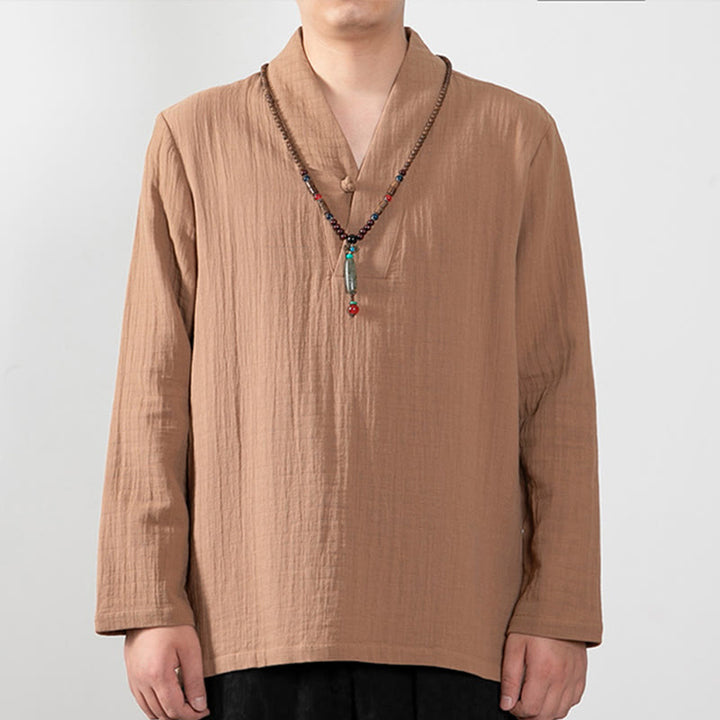 Buddha Stones Fall Simple V-Neck Long Sleeve T-Shirt Cotton Men Clothing - SandyBrown - US/UK/AU44，EU54 (4XL) - image 0