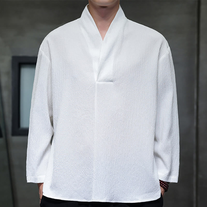 Buddha Stones Simple V-Neck Long Sleeve T-Shirt Men Clothing - White - US/UK/AU46，EU56 (5XL) - image 0