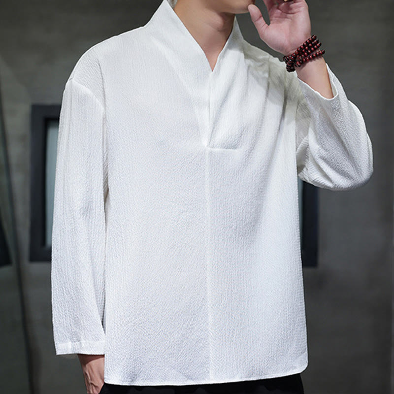 Buddha Stones Simple V-Neck Long Sleeve T-Shirt Men Clothing - image 4