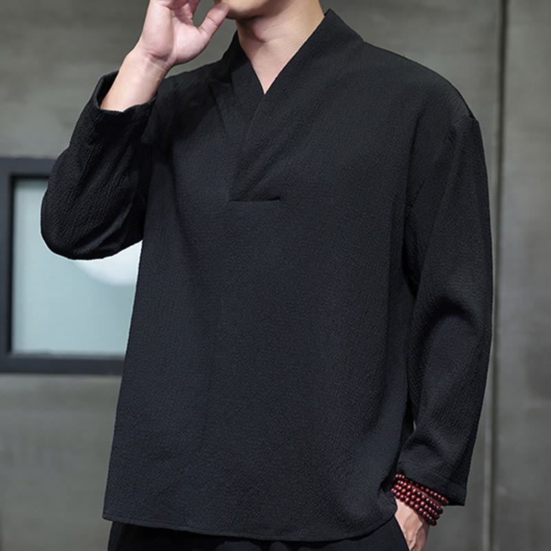 Buddha Stones Simple V-Neck Long Sleeve T-Shirt Men Clothing - image 12