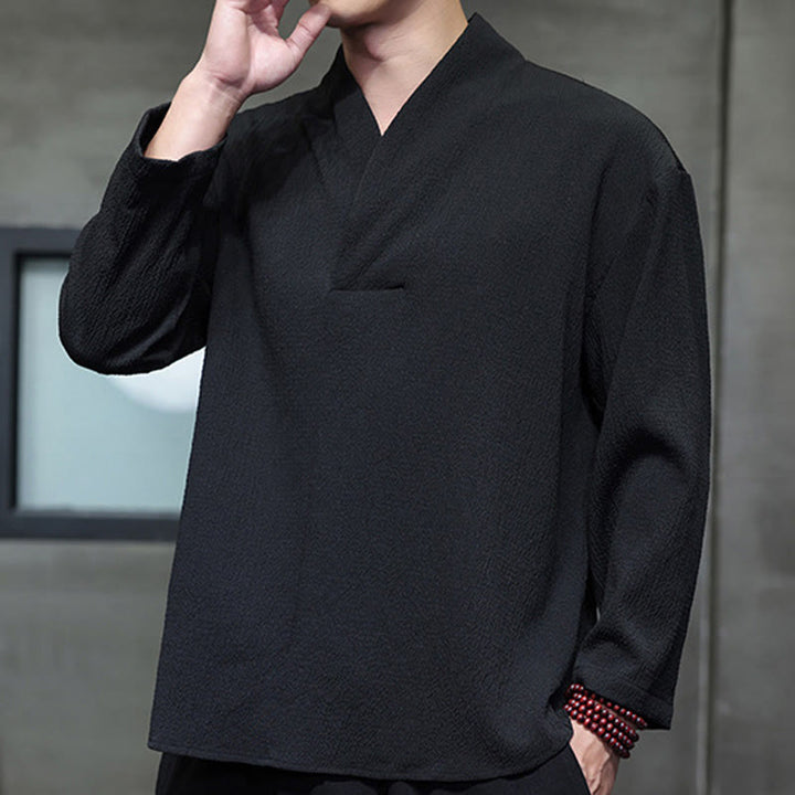 Buddha Stones Simple V-Neck Long Sleeve T-Shirt Men Clothing - image 12