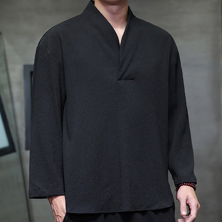 Buddha Stones Simple V-Neck Long Sleeve T-Shirt Men Clothing - image 13