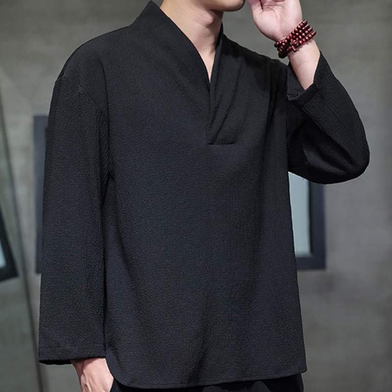 Buddha Stones Simple V-Neck Long Sleeve T-Shirt Men Clothing - image 16