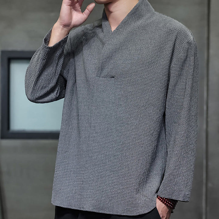 Buddha Stones Simple V-Neck Long Sleeve T-Shirt Men Clothing - image 25