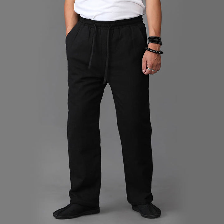 Buddha Stones Winter Men's Fleece Lined Drawstring Linen Pants With Pockets - image 10