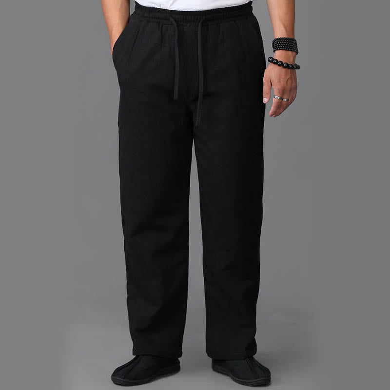 Buddha Stones Winter Men's Fleece Lined Drawstring Linen Pants With Pockets - image 9