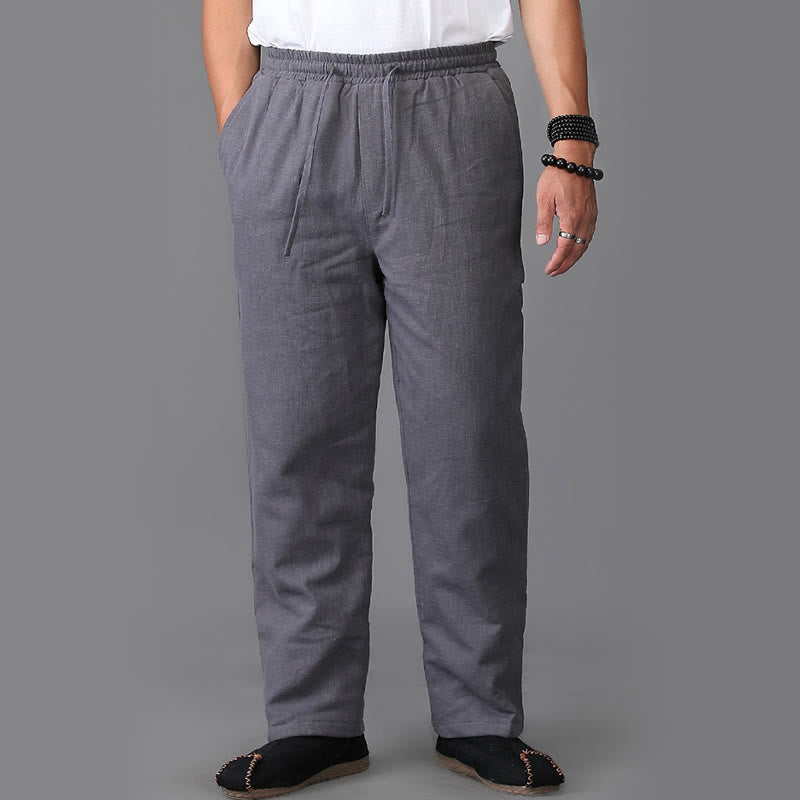 Buddha Stones Winter Men's Fleece Lined Drawstring Linen Pants With Pockets - image 12