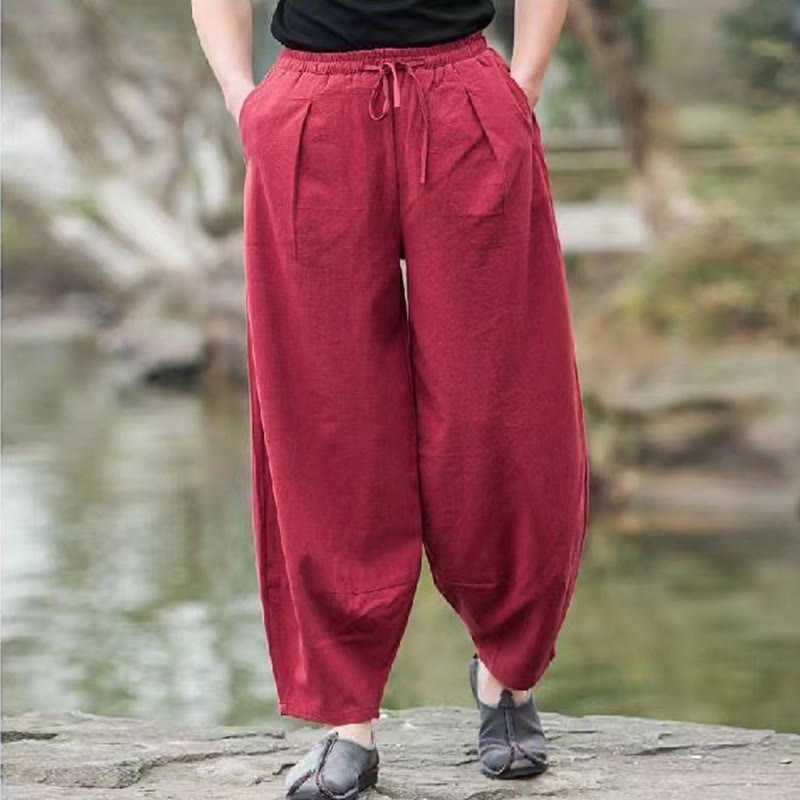 Buddha Stones Casual Simple Drawstring Men's Cotton Harem Pants With Pockets