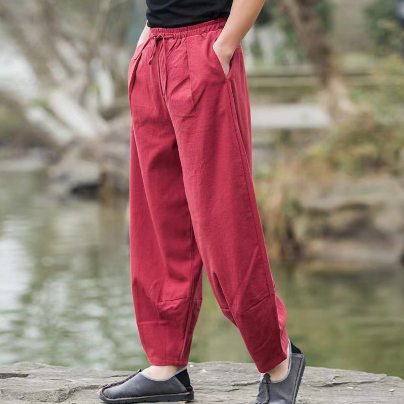 Buddha Stones Casual Simple Drawstring Men's Cotton Harem Pants With Pockets - image 14