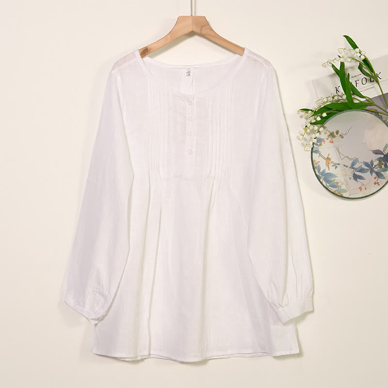 Buddha Stones Round Neck Casual Pleated Long Sleeve Shirt Cotton Linen Women's Shirts - White - US/UK/AU46，EU56 (5XL) - image 5