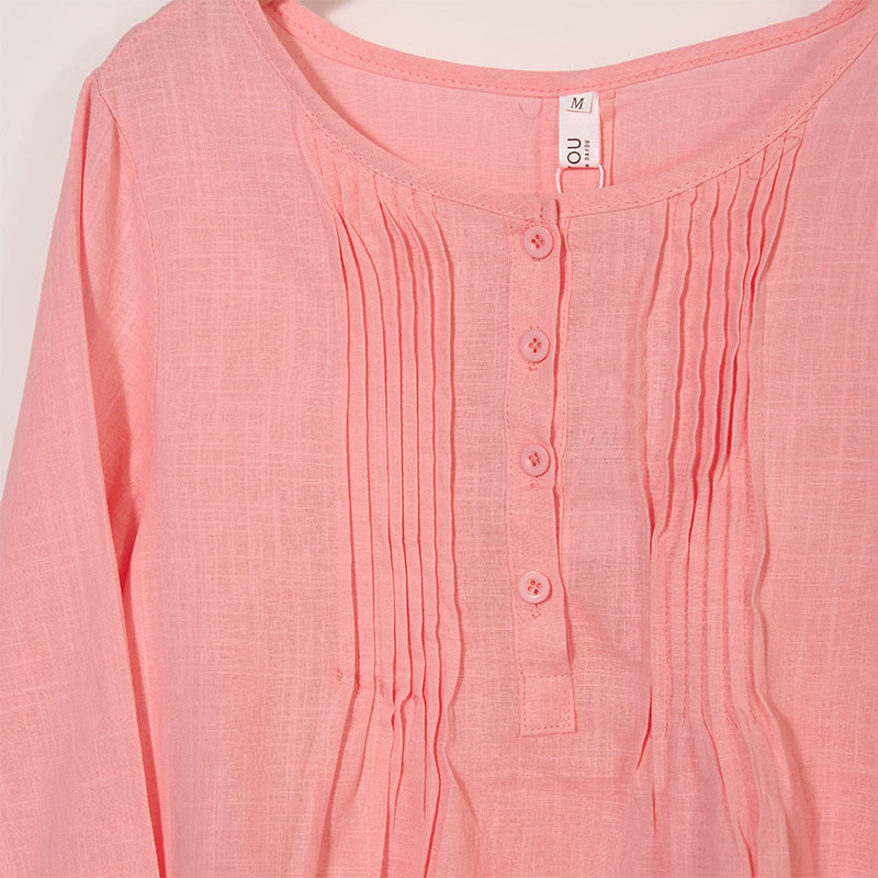 Buddha Stones Round Neck Casual Pleated Long Sleeve Shirt Cotton Linen Women's Shirts - image 10