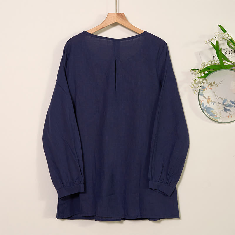 Buddha Stones Round Neck Casual Pleated Long Sleeve Shirt Cotton Linen Women's Shirts - image 13