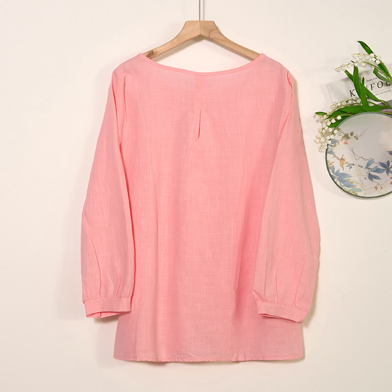 Buddha Stones Round Neck Casual Pleated Long Sleeve Shirt Cotton Linen Women's Shirts