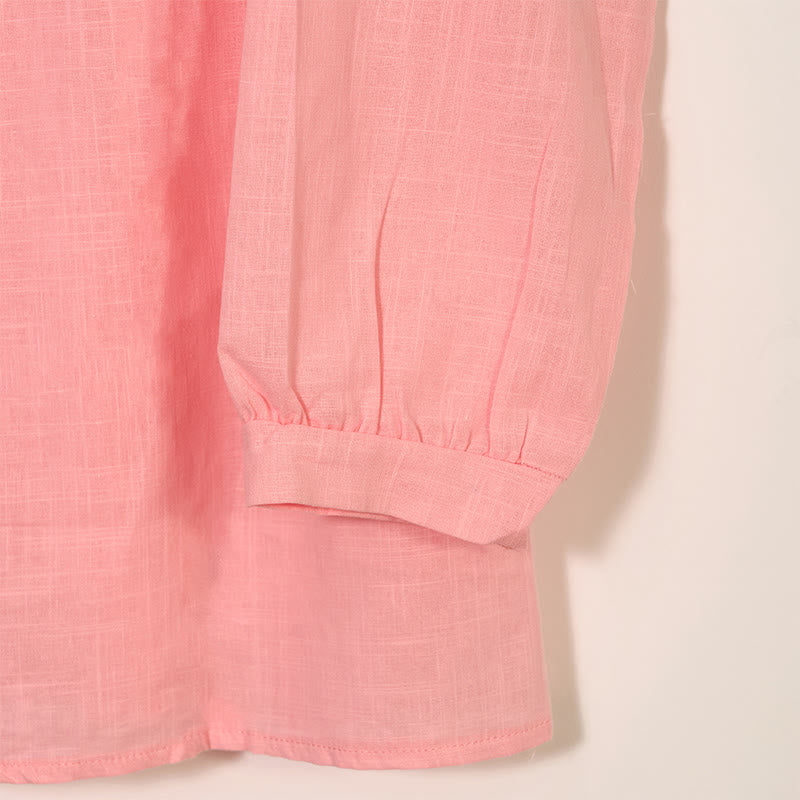 Buddha Stones Round Neck Casual Pleated Long Sleeve Shirt Cotton Linen Women's Shirts - image 11