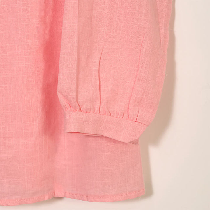 Buddha Stones Round Neck Casual Pleated Long Sleeve Shirt Cotton Linen Women's Shirts - image 11