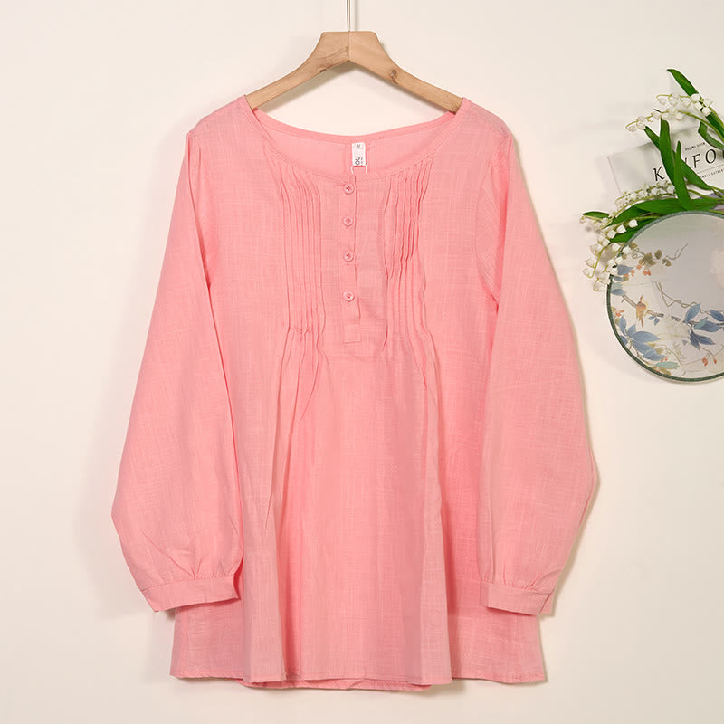 Buddha Stones Round Neck Casual Pleated Long Sleeve Shirt Cotton Linen Women's Shirts - LightPink - US/UK/AU46，EU56 (5XL) - image 8