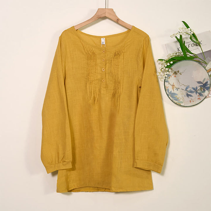 Buddha Stones Round Neck Casual Pleated Long Sleeve Shirt Cotton Linen Women's Shirts