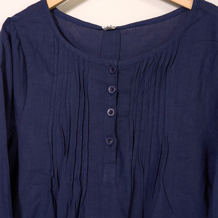 Buddha Stones Round Neck Casual Pleated Long Sleeve Shirt Cotton Linen Women's Shirts - image 14