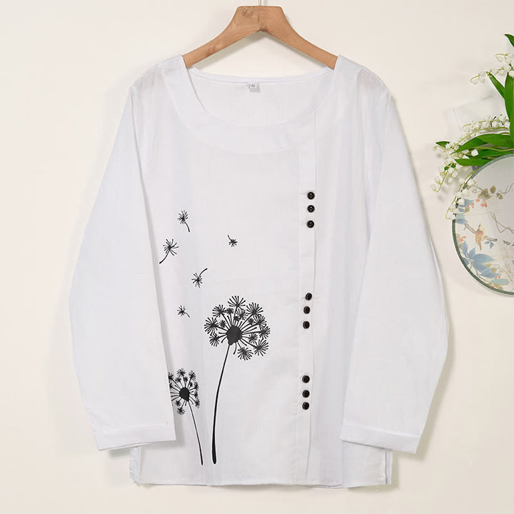 Buddha Stones Casual Dandelion Long Sleeve Round Neck Shirt Cotton Linen Women's Shirts - White - US/UK/AU46，EU56 (5XL) - image 8