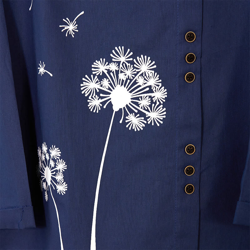 Buddha Stones Casual Dandelion Long Sleeve Round Neck Shirt Cotton Linen Women's Shirts - image 5