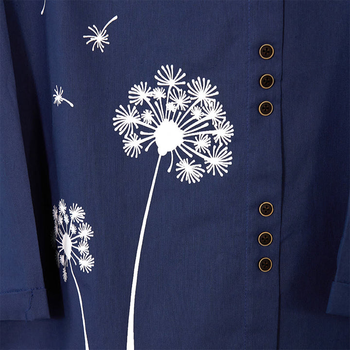 Buddha Stones Casual Dandelion Long Sleeve Round Neck Shirt Cotton Linen Women's Shirts - image 5