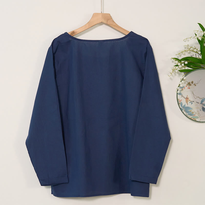 Buddha Stones Casual Floral Long Sleeve Round Neck Shirt Cotton Linen Women's Shirts