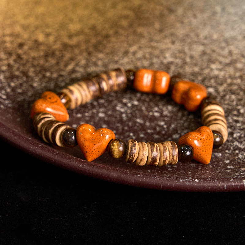 Buddha Stones Natural Dalmatian Jasper Stone Heart Shape Ceramics Bracelet