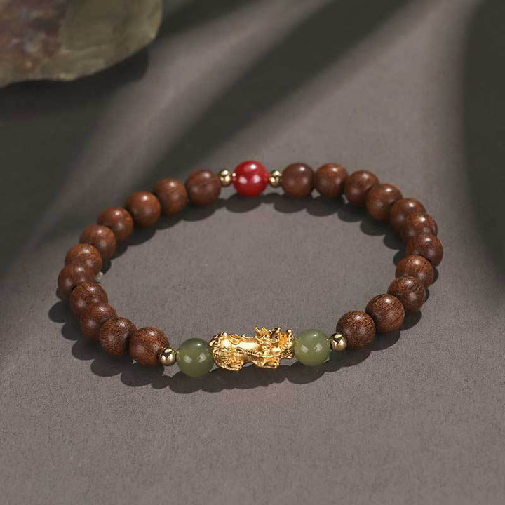 Buddha Stones 999 Sterling Silver Sandalwood Ebony Wood Small Leaf Red Sandalwood Hetian Jade Cinnabar PiXiu Wealth Bracelet - Golden Sandalwood(Wrist Circumference: 14-16cm) - image 3