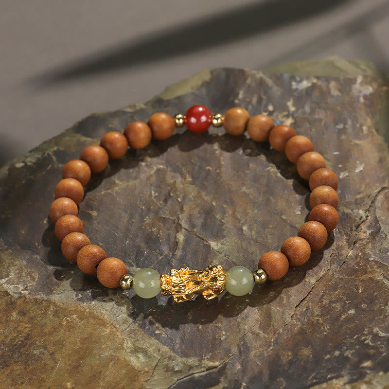 Buddha Stones 999 Sterling Silver Sandalwood Ebony Wood Small Leaf Red Sandalwood Hetian Jade Cinnabar PiXiu Wealth Bracelet - Sandalwood(Wrist Circumference: 14-16cm) - image 0