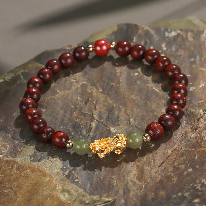 Buddha Stones 999 Sterling Silver Sandalwood Ebony Wood Small Leaf Red Sandalwood Hetian Jade Cinnabar PiXiu Wealth Bracelet - Small Leaf Red Sandalwood(Wrist Circumference: 14-16cm) - image 8
