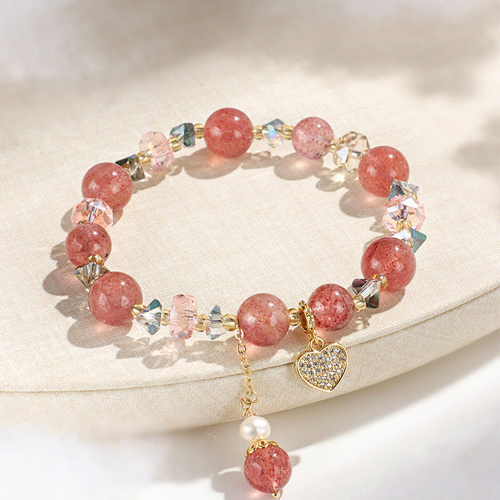 Buddha Stones Strawberry Quartz White Crystal Pearl Liuli Heart Healing Bracelet