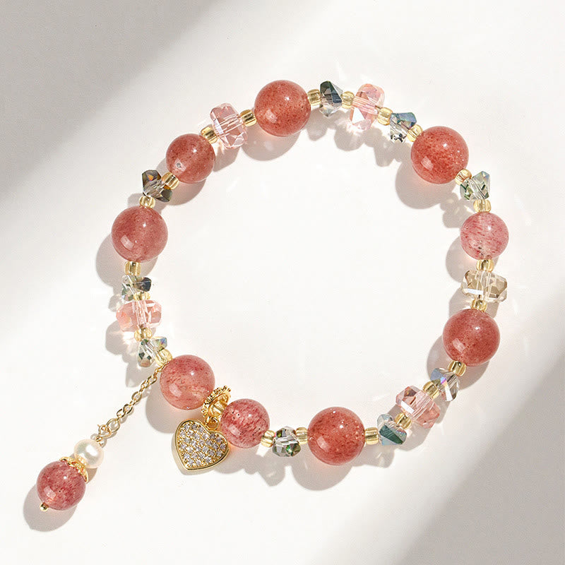 Buddha Stones Strawberry Quartz White Crystal Pearl Liuli Heart Healing Bracelet