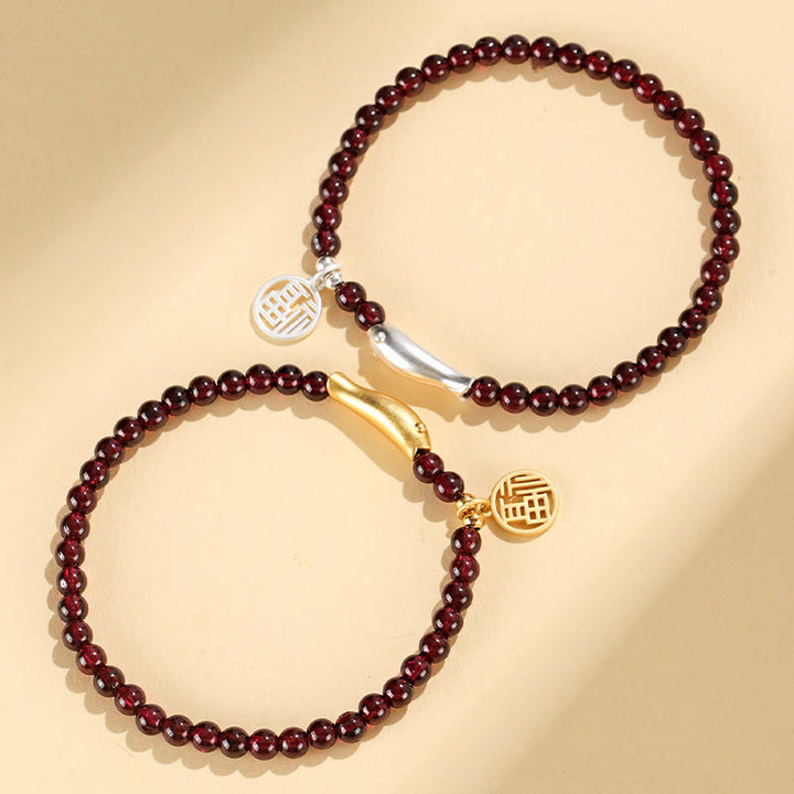 Buddha Stones Garnet 925 Sterling Silver Fish Fu Character Purification Bracelet