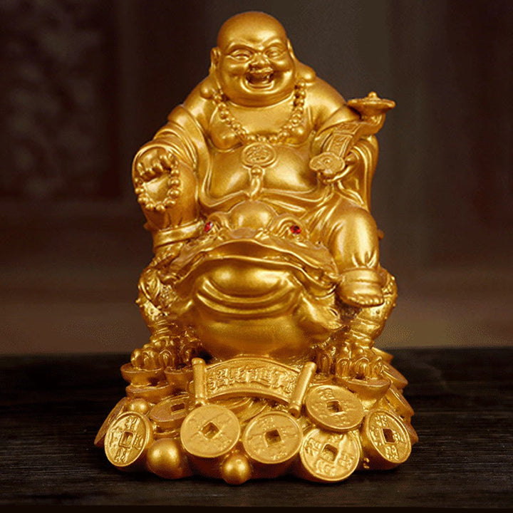 Buddha Stones Laughing Buddha Feng Shui Frog Toad Copper Coins Attract Wealth Resin Statue Home Decoration