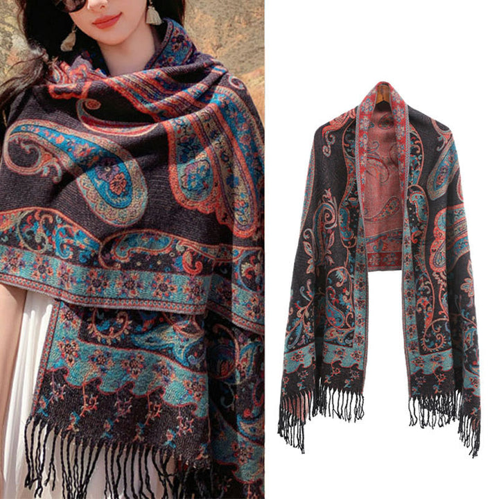 Buddha Stones Tibetan Cashew Flower Tassel Shawl Fall Winter Cozy Travel Scarf Wrap