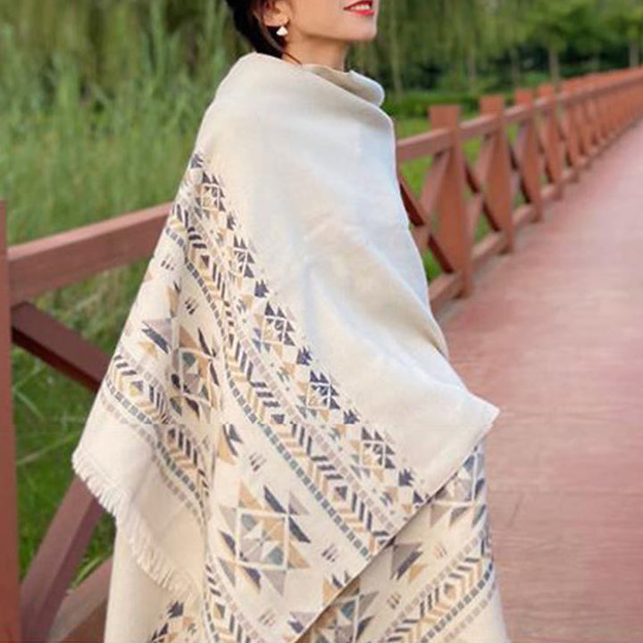 Buddha Stones Tibetan Beige Geometric Pattern Tassels Shawl Fall Winter Warm Scarf Wrap