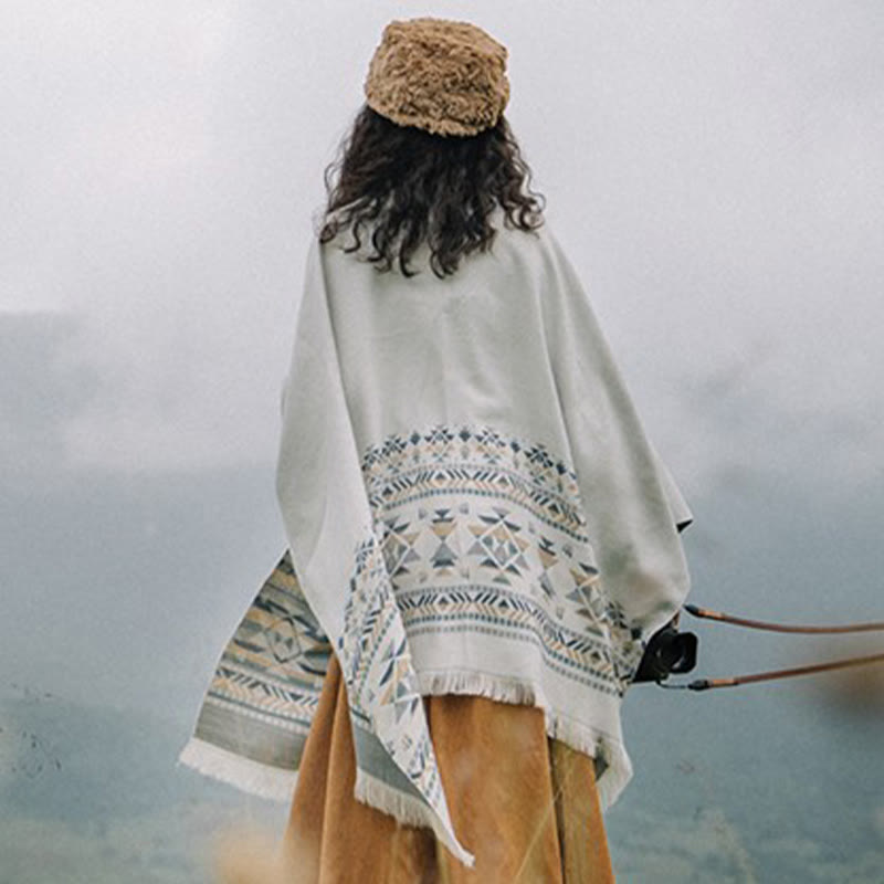 Buddha Stones Tibetan Beige Geometric Pattern Tassels Shawl Fall Winter Warm Scarf Wrap - image 2