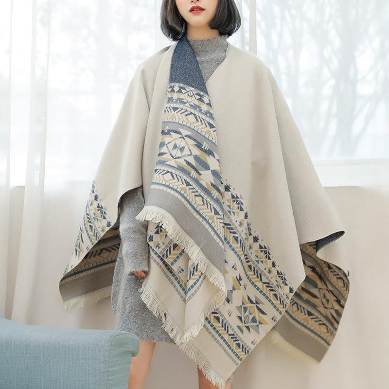 Buddha Stones Tibetan Beige Geometric Pattern Tassels Shawl Fall Winter Warm Scarf Wrap - image 4