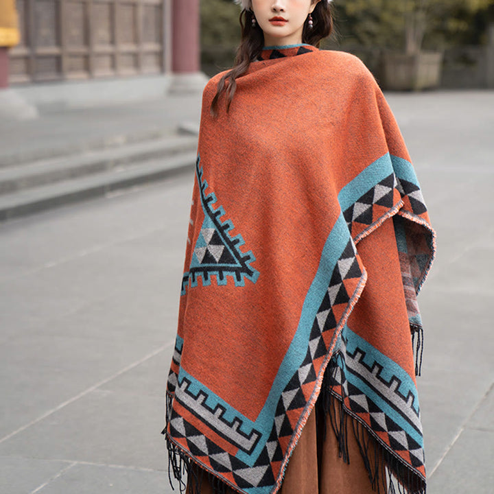 Buddha Stones Tibetan Orange Geometric Rhombus Pattern Tassels Shawl Fall Winter Warm Scarf Wrap