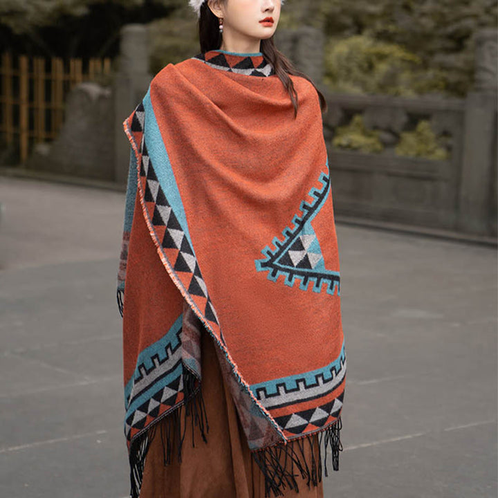 Buddha Stones Tibetan Orange Geometric Rhombus Pattern Tassels Shawl Fall Winter Warm Scarf Wrap - image 9