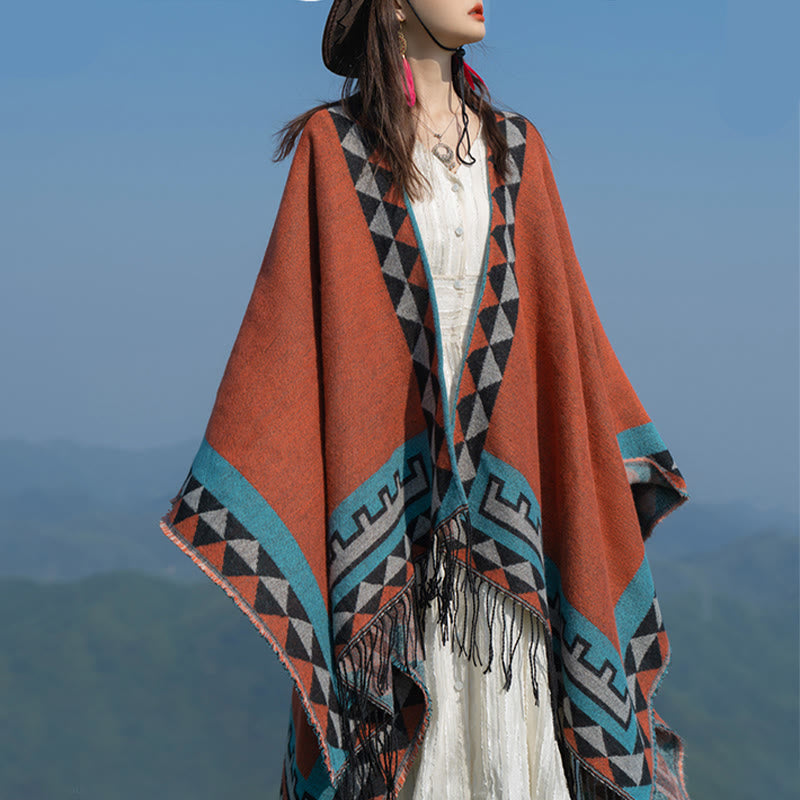 Buddha Stones Tibetan Orange Geometric Rhombus Pattern Tassels Shawl Fall Winter Warm Scarf Wrap - image 2