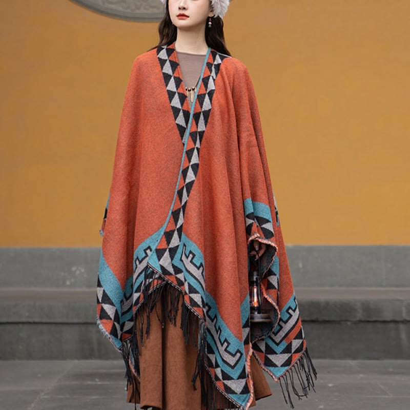 Buddha Stones Tibetan Orange Geometric Rhombus Pattern Tassels Shawl Fall Winter Warm Scarf Wrap - image 13