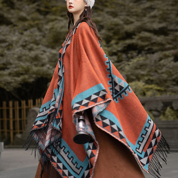 Buddha Stones Tibetan Orange Geometric Rhombus Pattern Tassels Shawl Fall Winter Warm Scarf Wrap - image 12