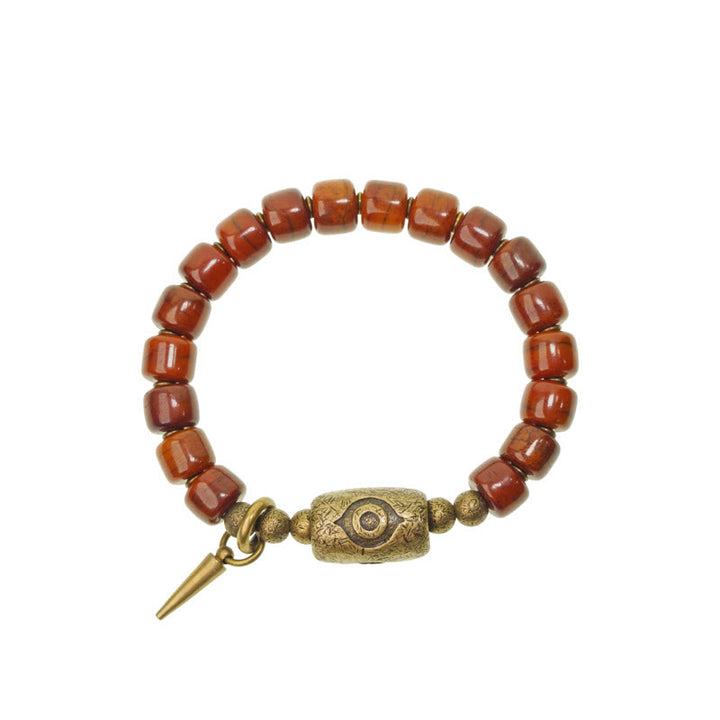 Buddha Stones Yak Bone Dzi Shape Copper Cone Pendant Strength Bracelet