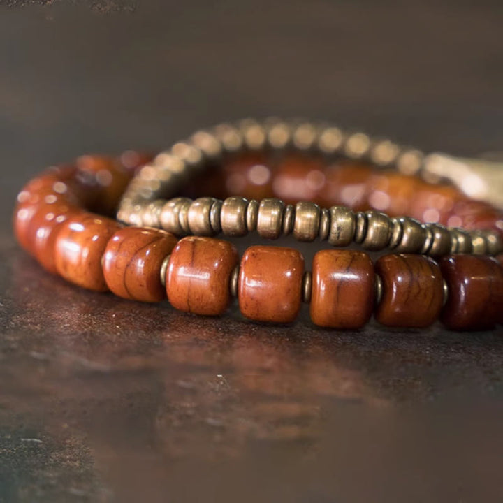 Buddha Stones Yak Bone Copper Yak Head Cone Pendant Double Wrap Strength Bracelet