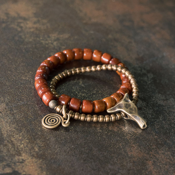 Buddha Stones Yak Bone Copper Yak Head Cone Pendant Double Wrap Strength Bracelet