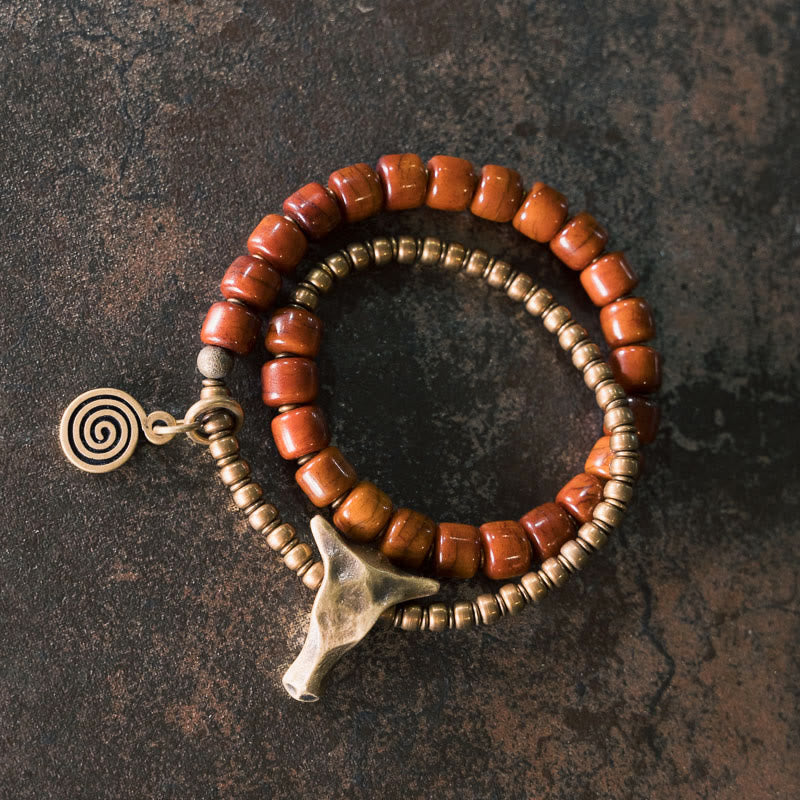 Buddha Stones Yak Bone Copper Yak Head Cone Pendant Double Wrap Strength Bracelet