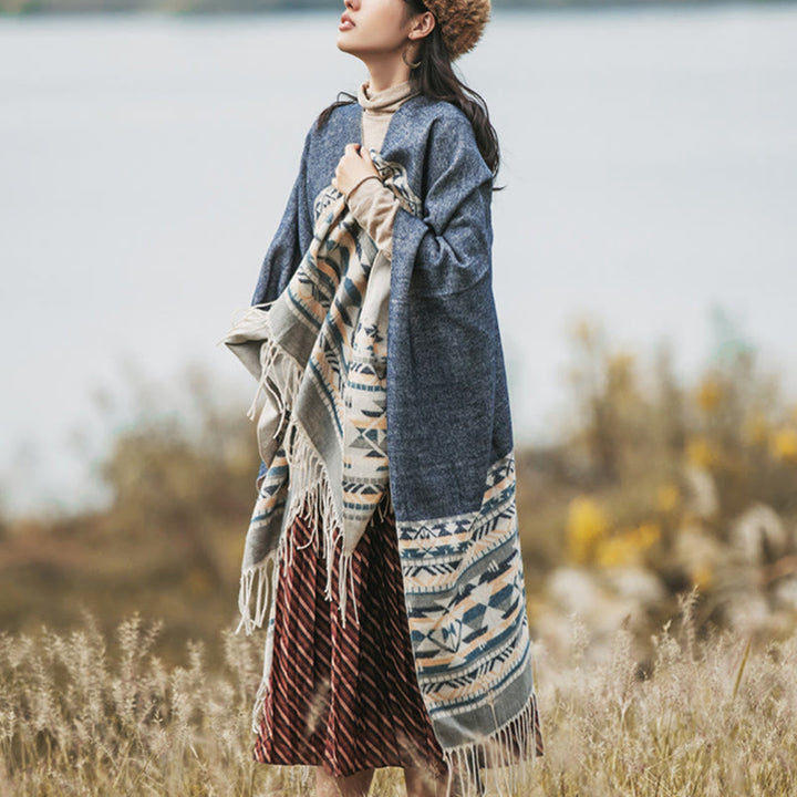 Buddha Stones Tibetan Geometric Rhombus Pattern Tassels Shawl Fall Winter Warm Cozy Scarf Wrap - image 6