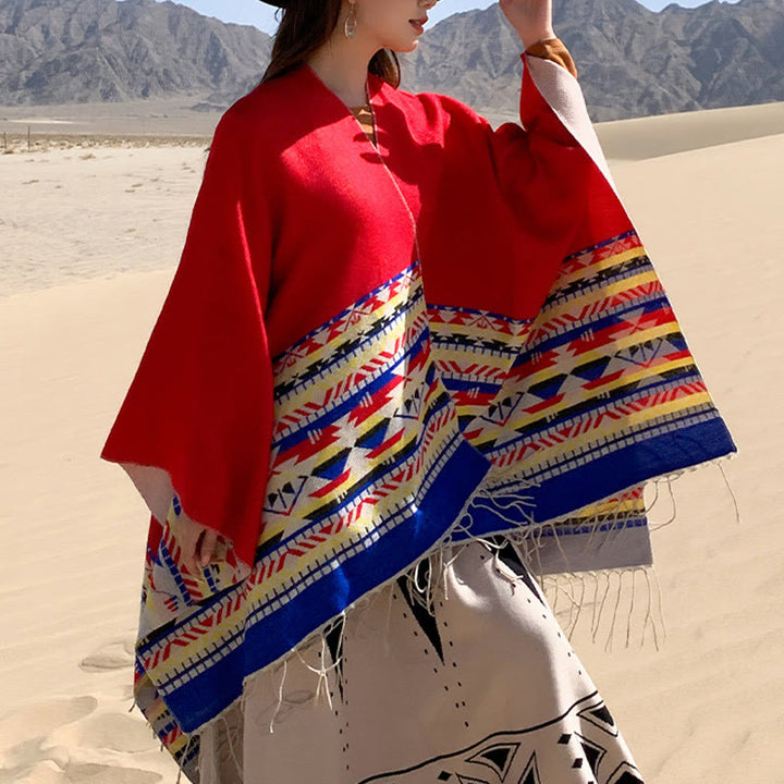 Buddha Stones Tibetan Geometric Rhombus Pattern Tassels Shawl Fall Winter Warm Cozy Scarf Wrap - Red - 130*150cm - image 29